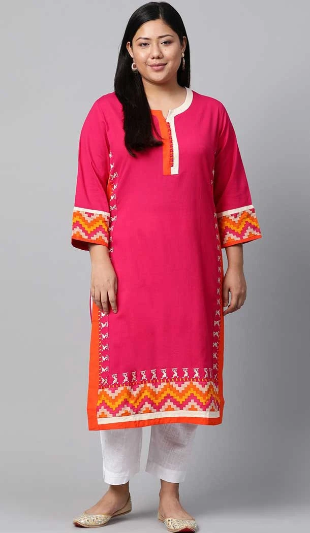 Melodic Pink Color Cotton Printed Plus Size Readymade Kurti -3511147693