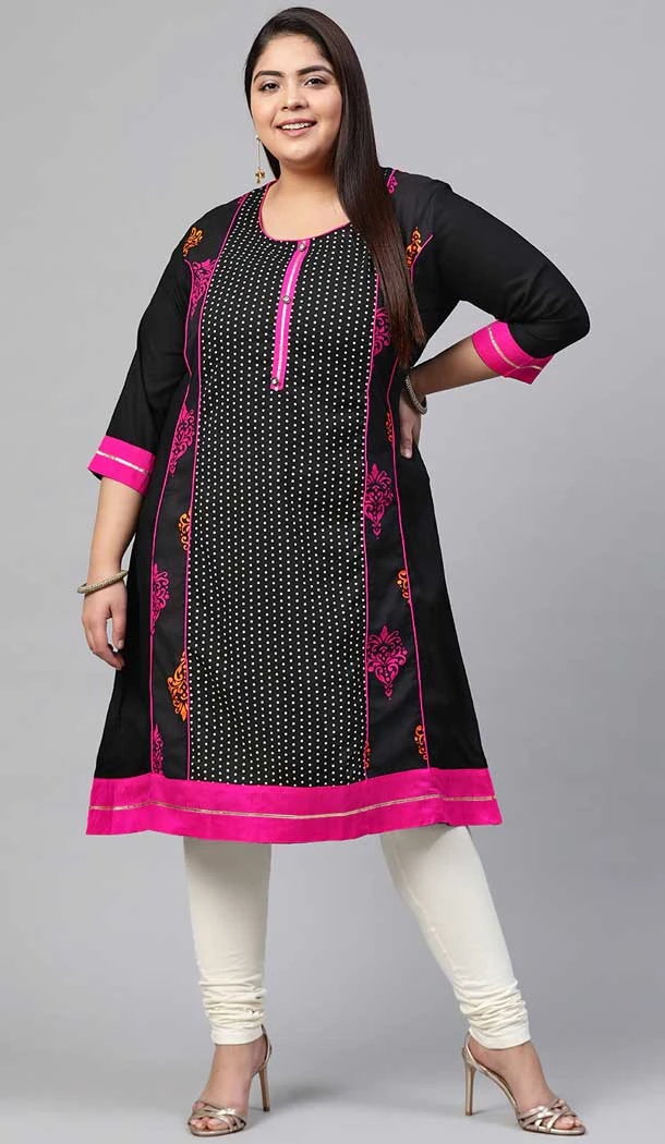Ravishing Black & Pink Color Cotton Printed Plus Size Readymade Kurti -3511147694