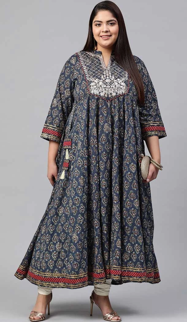 Navy Blue Color Cotton Printed Plus Size Readymade Kurti -3511147695