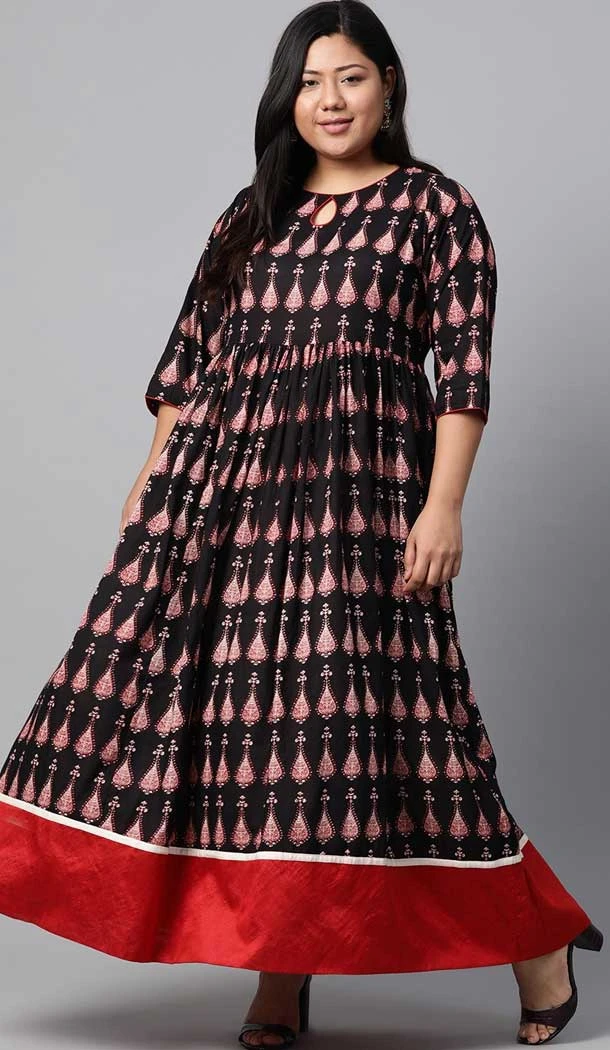 Mesmerizing Black & Red Color Cotton Printed Plus Size Readymade Kurti -3511147696