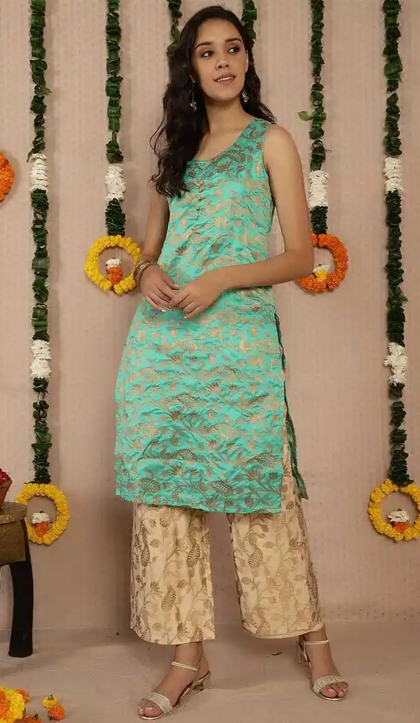 Contemporary Sky Blue Color Silk Casual Party Wear Girls Readymade Kurtis -3546147956