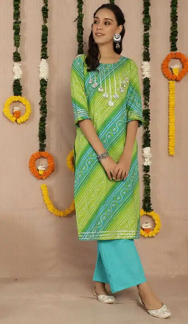 Green and Blu Color Cotton Casual Party Wear Girls Readymade Kurtis -3546147960