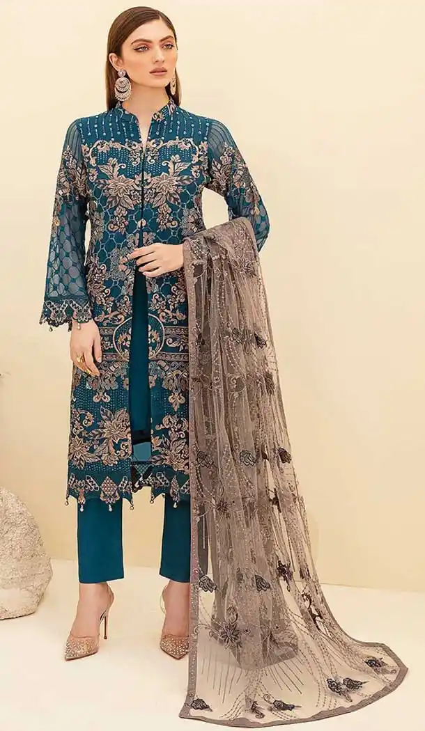 Teal Blue Color Grorgette Pakistani Style Evening Party Wear Suit -3552148001