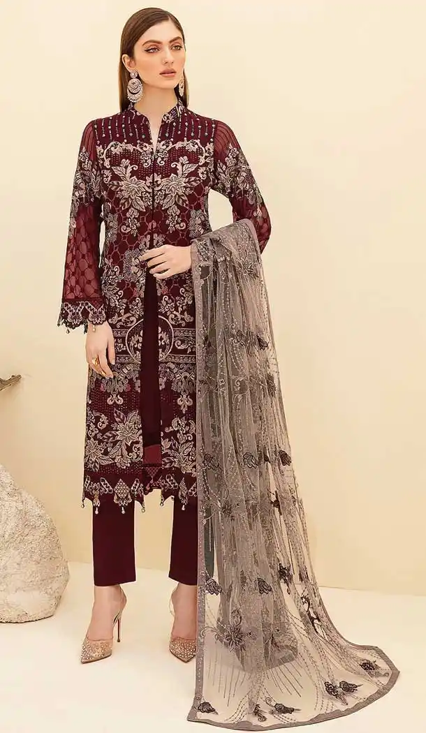 Maroon Color Grorgette Pakistani Style Evening Party Wear Suit -3552148002