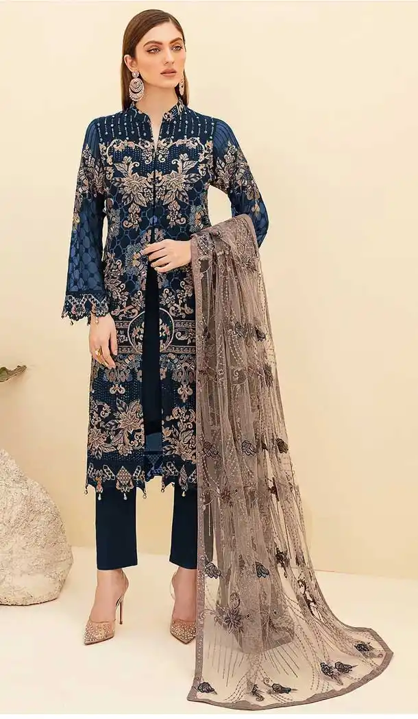 Navy Blue Color Georgette Pakistani Style Evening Party Wear Suit -3552148003