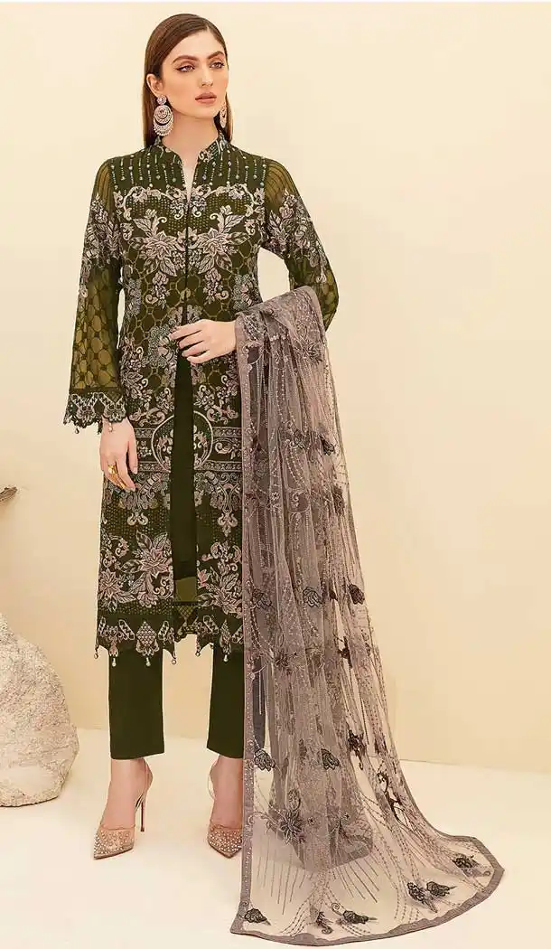 Mehendi Green Color Georgette Pakistani Style Evening Party Wear Suit -3552148004