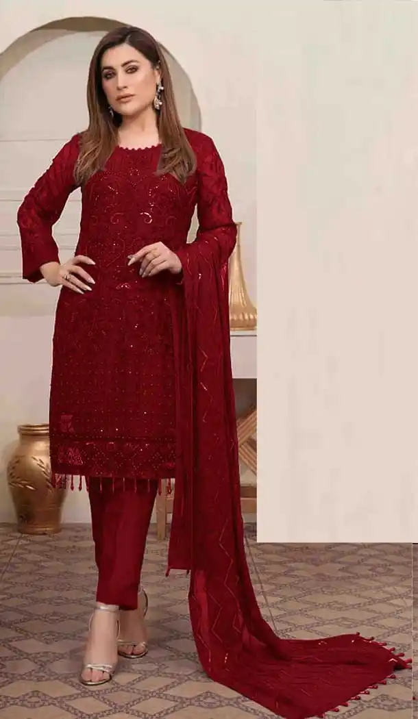 Maroon Color Georgette Embroidery Work Pakistani Salwar Suit -3547147969