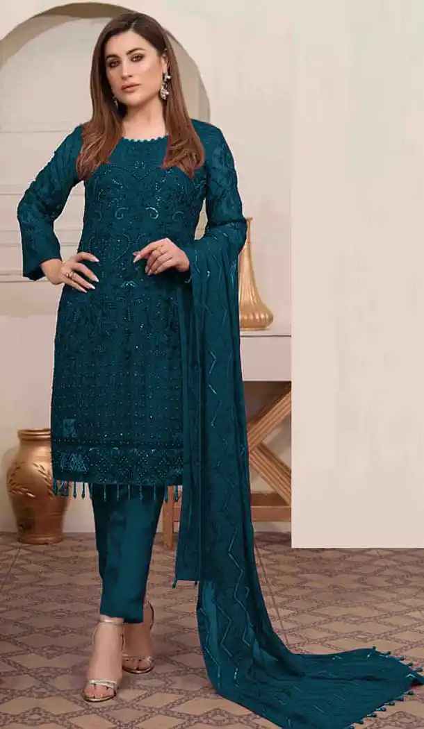 Majestic Teal Blue Color Georgette Embroidery Work Pakistani Salwar Suit -3547147970