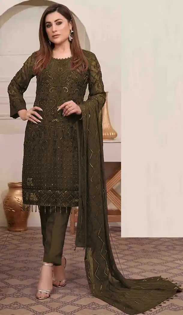 Mehendi Green Color Georgette Embroidery Work Pakistani Salwar Suit -3547147972