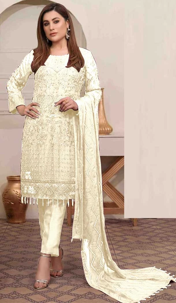 Cream Color Georgette Embroidery Work Pakistani Salwar Suit -3547147976