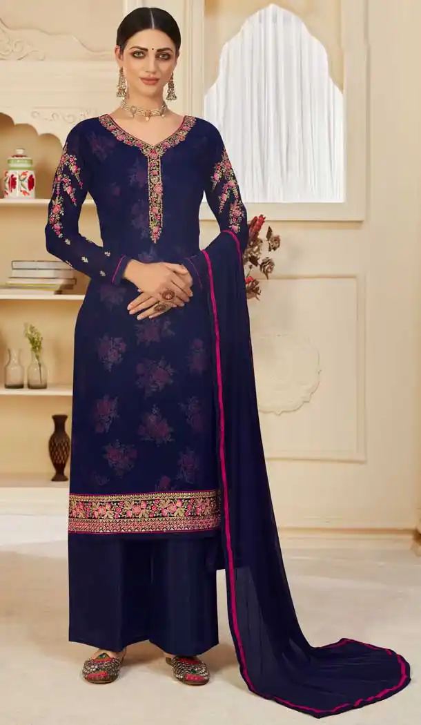 Navy Blue Color Georgette Pakistani Style Party Wear Palazzo Suit -3563148077