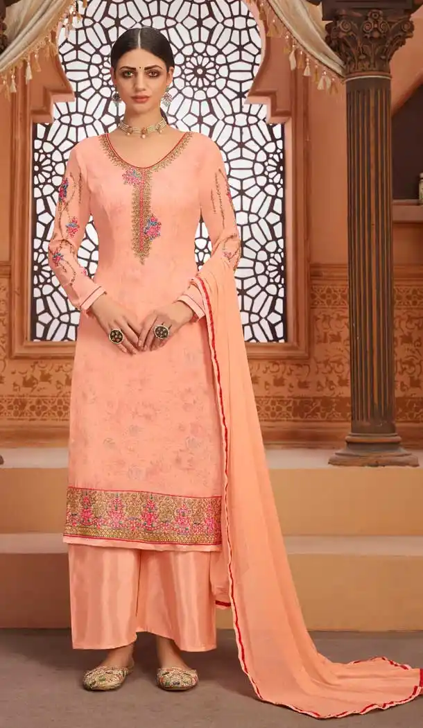 Peach Color Georgette Pakistani Style Party Wear Palazzo Suit -3563148078