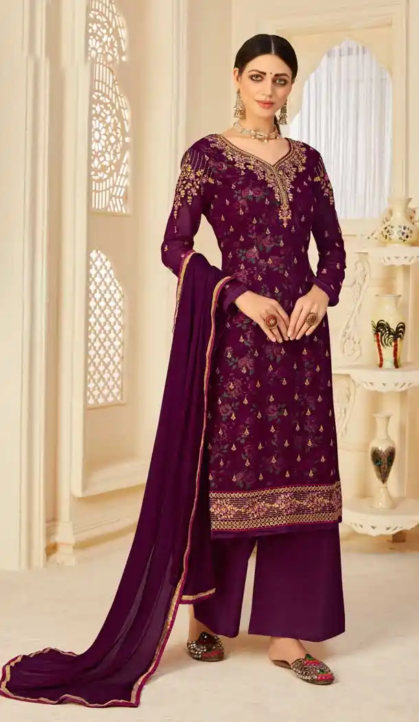 Wine Color Georgette Pakistani Style Party Wear Palazzo Suit -3563148079