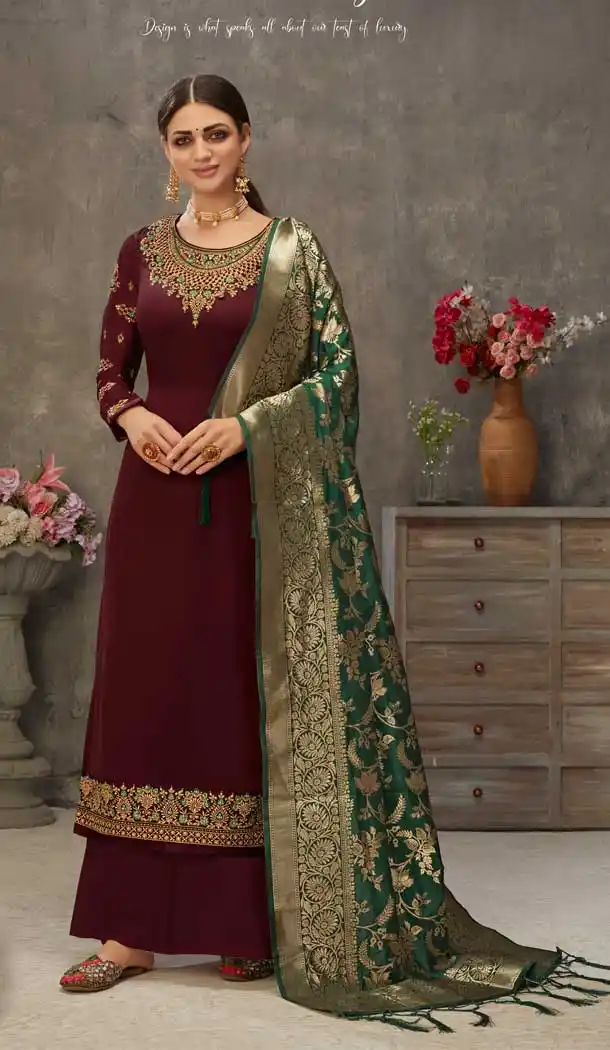Maroon Color Georgette Pakistani Style Party Wear Palazzo Suit -3563148083