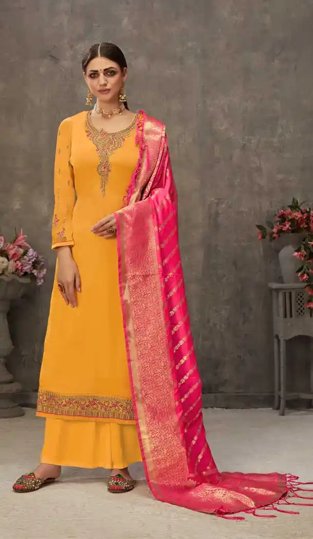 Mustard Color Georgette Pakistani Style Party Wear Palazzo Suit -3563148084