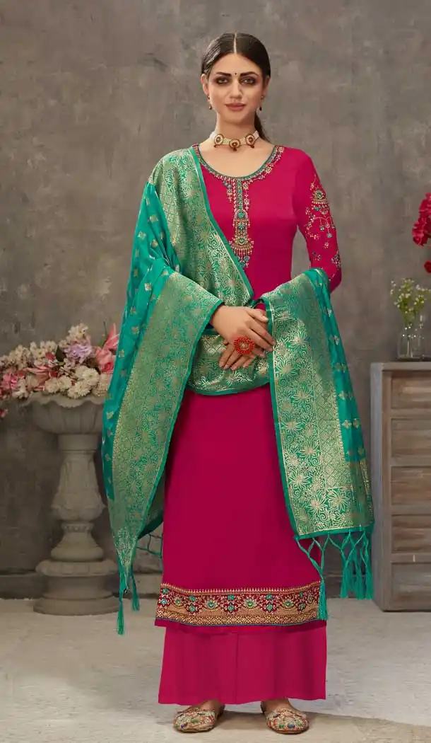 Dark Pink Color Georgette Pakistani Style Party Wear Palazzo Suit -3563148085