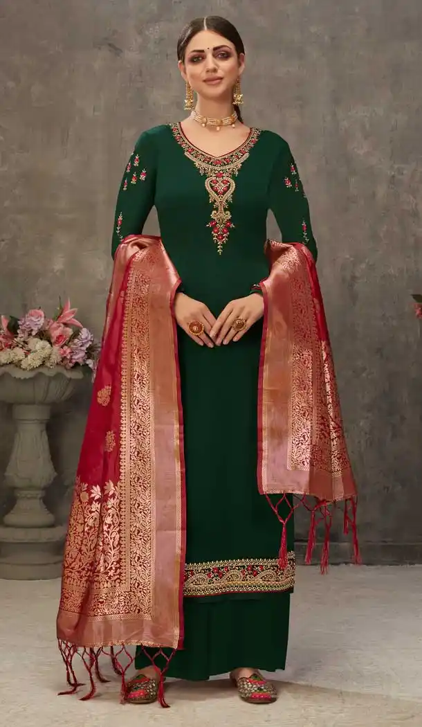 Green Color Georgette Pakistani Style Party Wear Palazzo Suit -3563148086