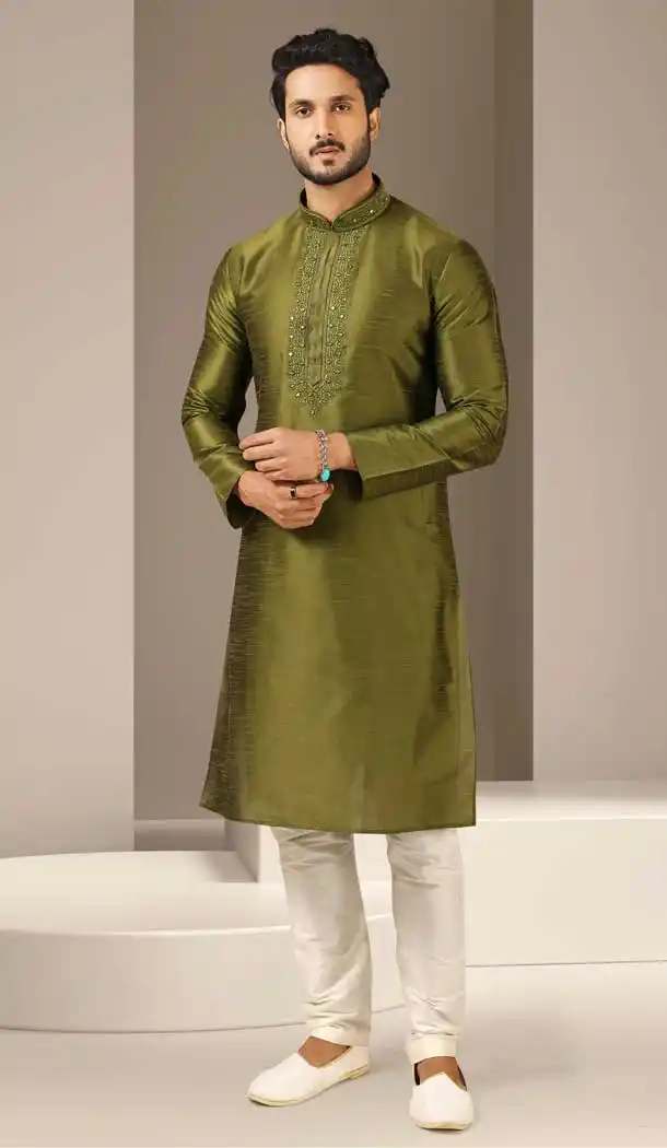 Mehendi Green Color Banarasi Art Silk Readymade Mens Kurta Pajama -3567148115
