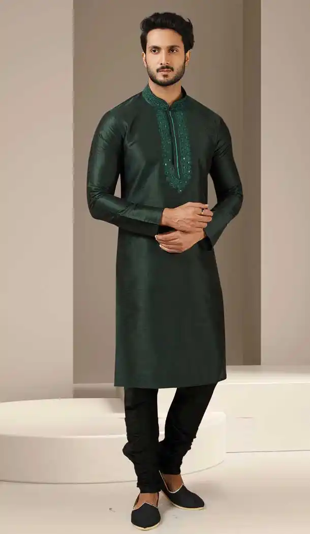 Teal Blue Color Banarasi Art Silk Readymade Mens Kurta Pajama -3567148117