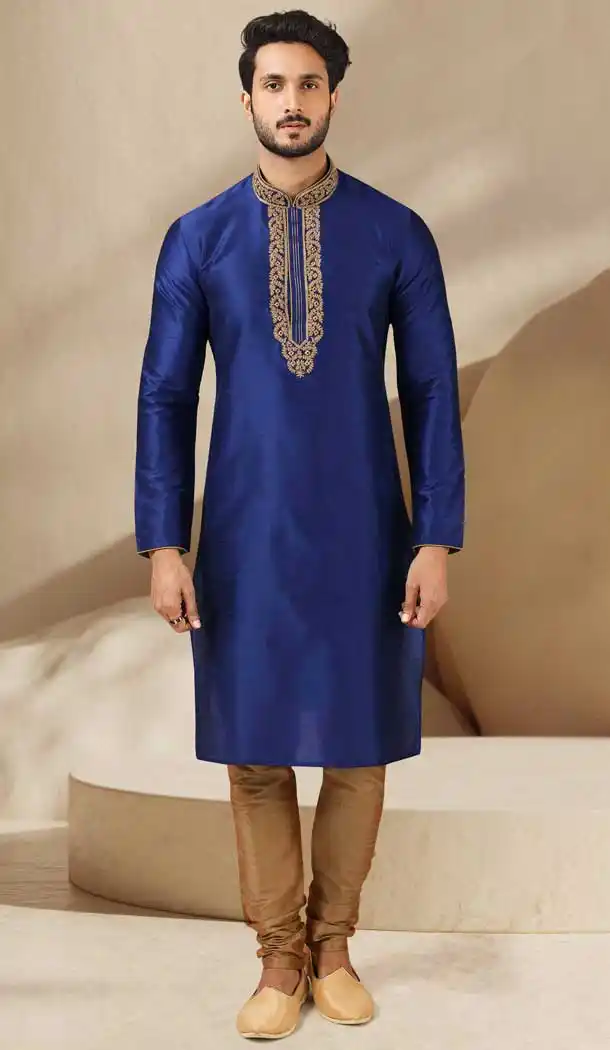 Blue Color Banarasi Art Silk Readymade Mens Kurta Pajama -3567148118