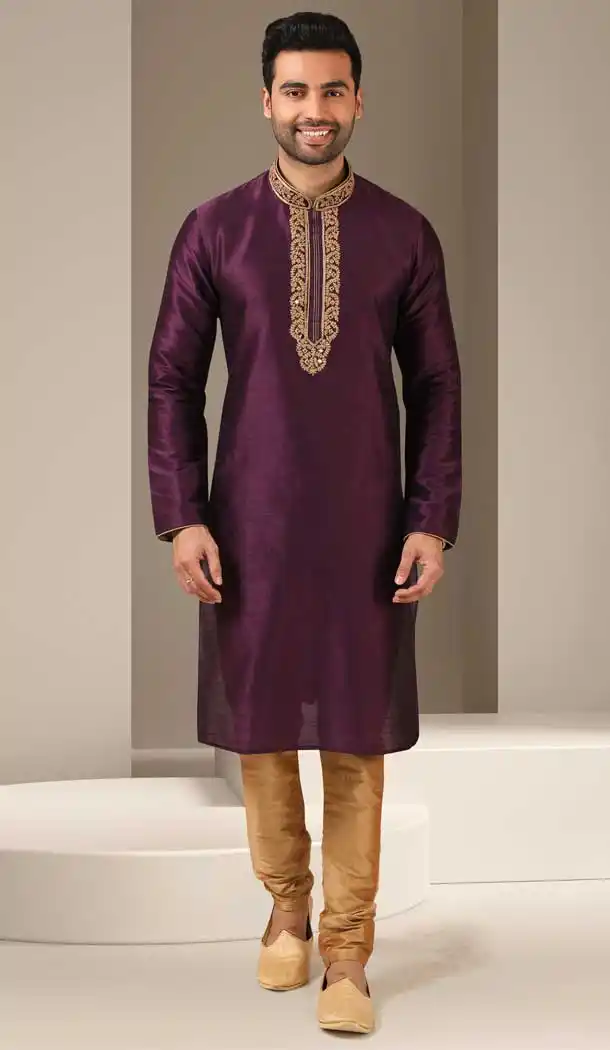 Magenta Color Banarasi Art Silk Readymade Mens Kurta Pajama -3567148119