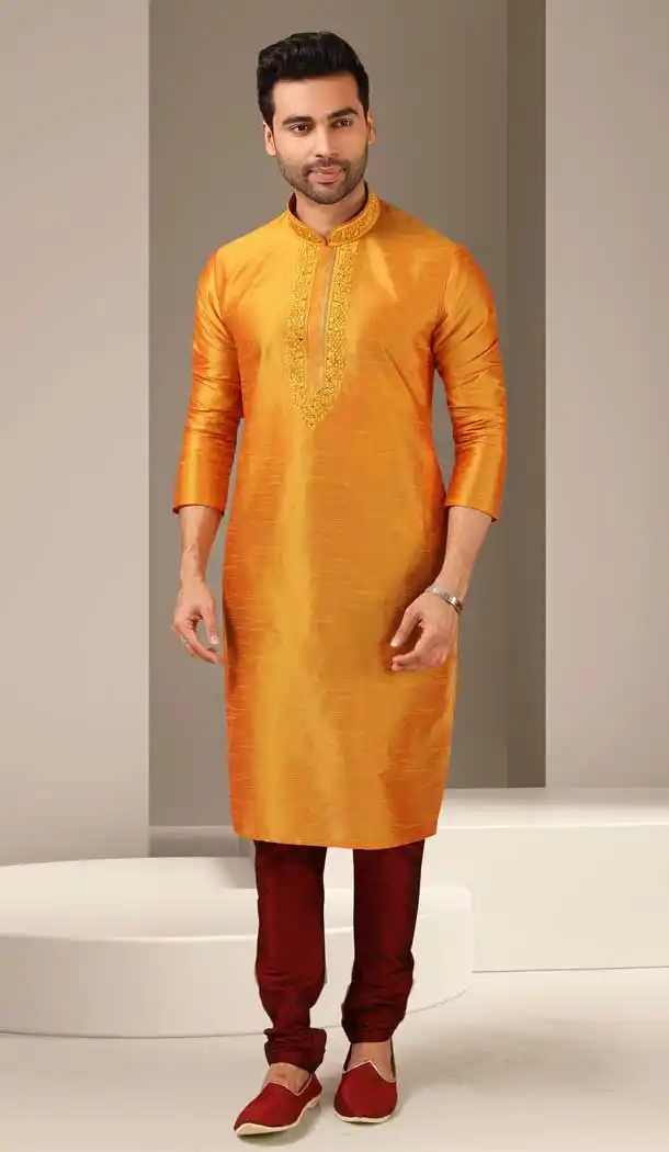 Yellow Color Banarasi Art Silk Readymade Mens Kurta Pajama -3567148120