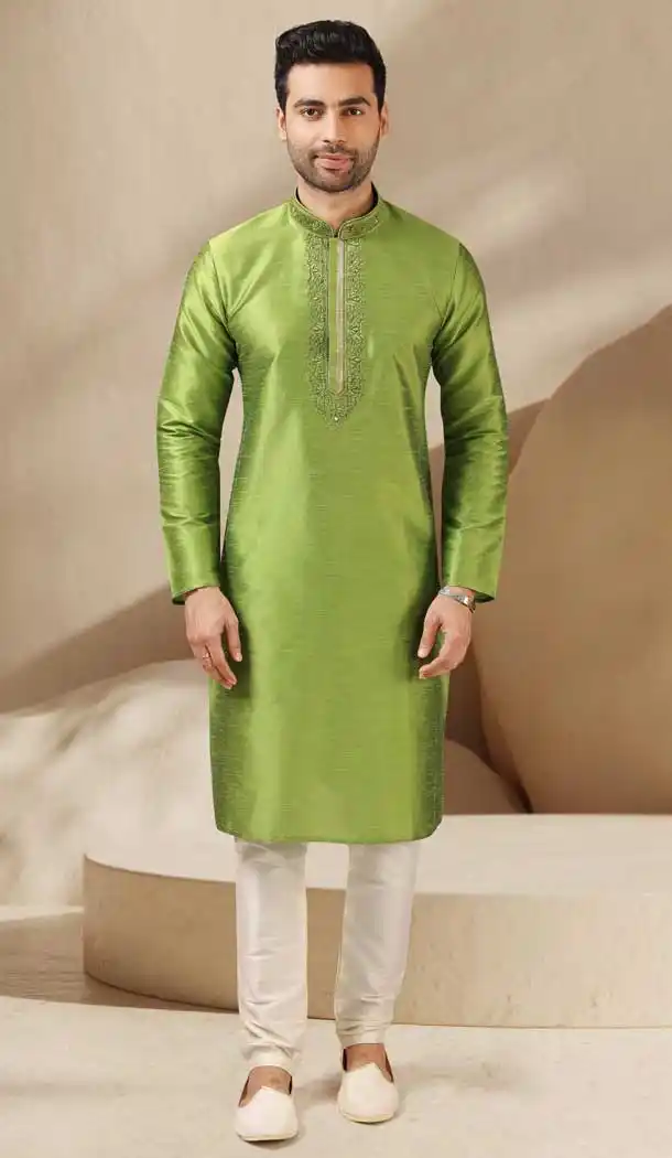 Green Color Banarasi Art Silk Readymade Mens Kurta Pajama -3567148121