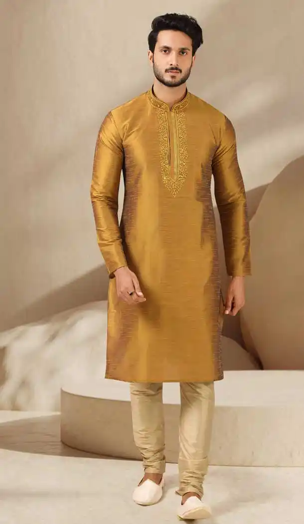 Mustard Color Banarasi Art Silk Readymade Mens Kurta Pajama -3567148122