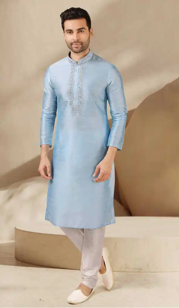 Sky Blue Color Banarasi Art Silk Readymade Mens Kurta Pajama -3567148123
