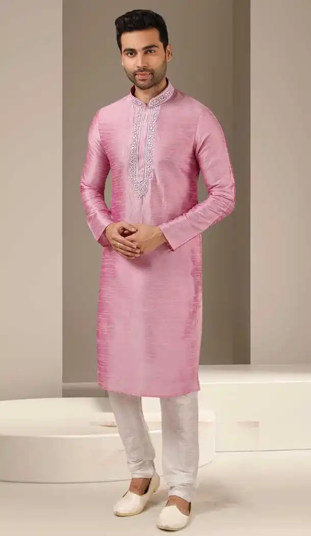 Rose Pink Color Banarasi Art Silk Readymade Mens Kurta Pajama -3567148124
