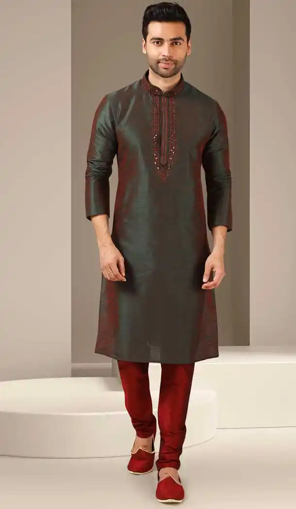 Maroon Color Banarasi Art Silk Readymade Mens Kurta Pajama -3567148125