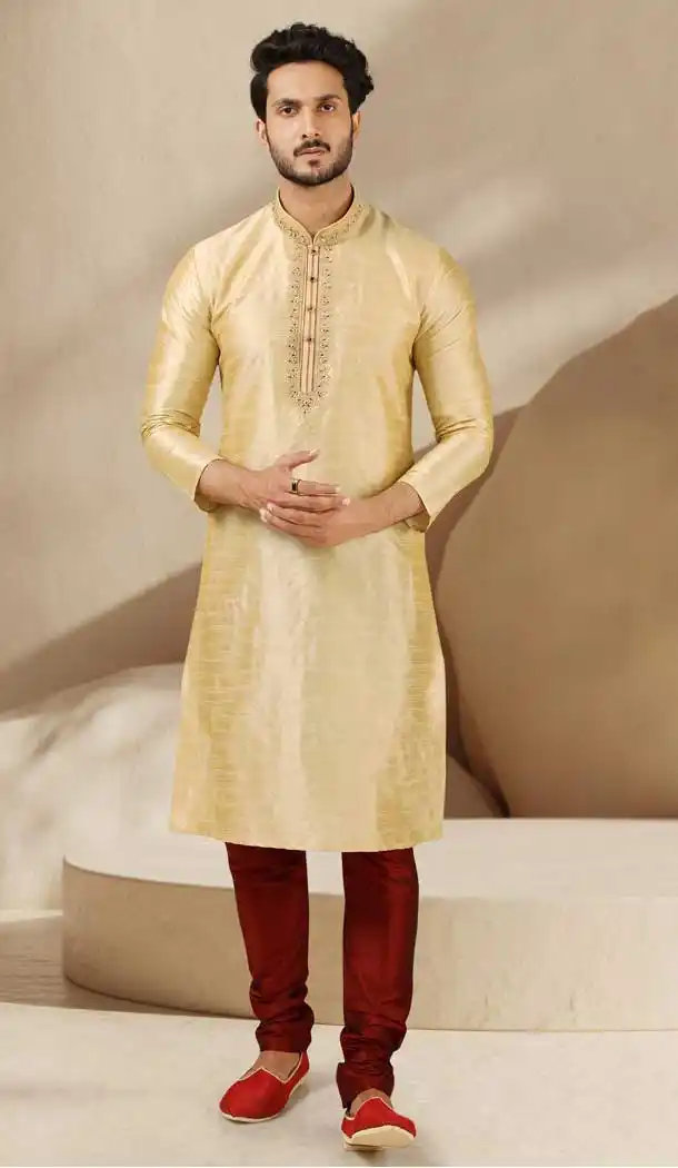 Scintillating Cream Color Banarasi Art Silk Readymade Mens Kurta Pajama -3567148126