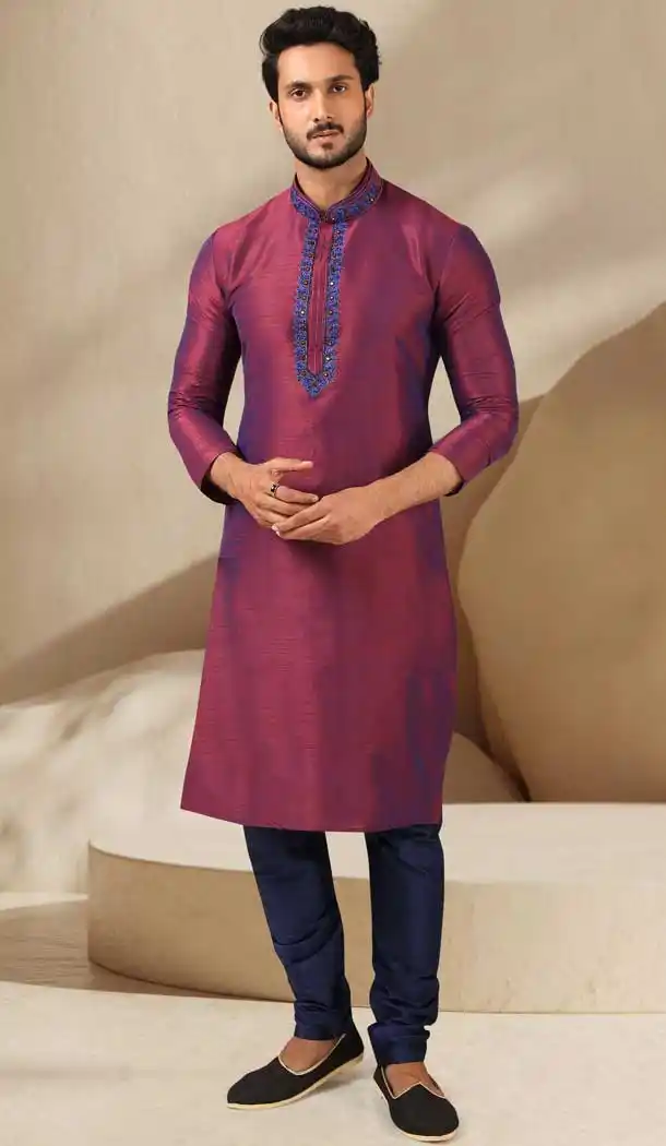 Purple Color Banarasi Art Silk Readymade Mens Kurta Pajama -3567148127