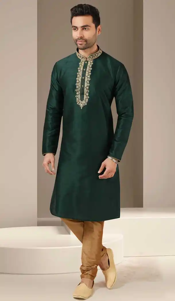 Gorgeous Green Color Banarasi Art Silk Readymade Mens Kurta Pajama -3567148129