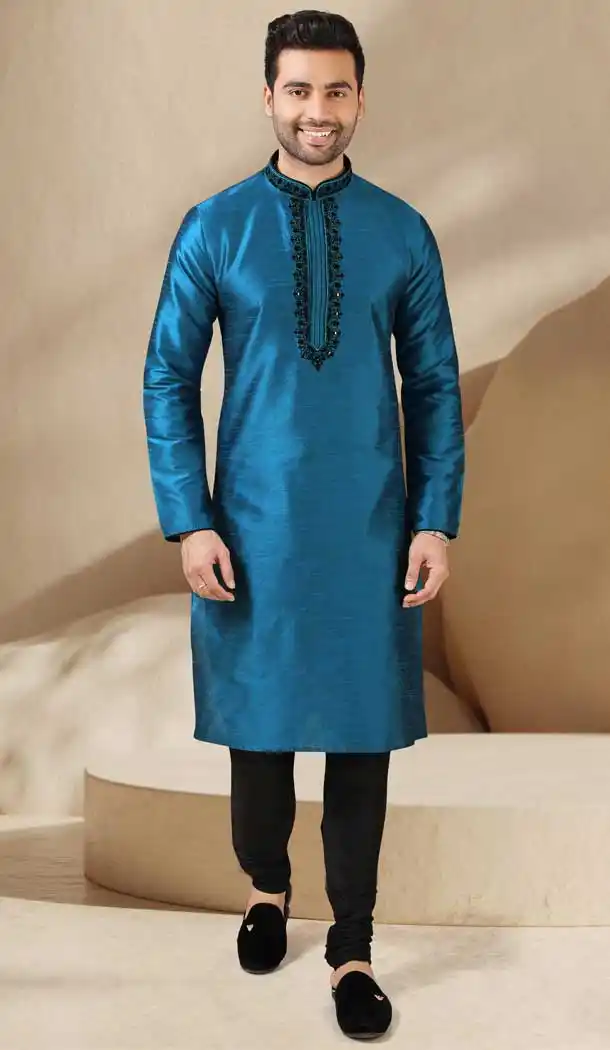 Magnificient Blue Color Banarasi Art Silk Readymade Mens Kurta Pajama -3567148130
