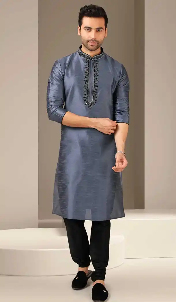 Ravishing Grey Color Banarasi Art Silk Readymade Mens Kurta Pajama -3567148131