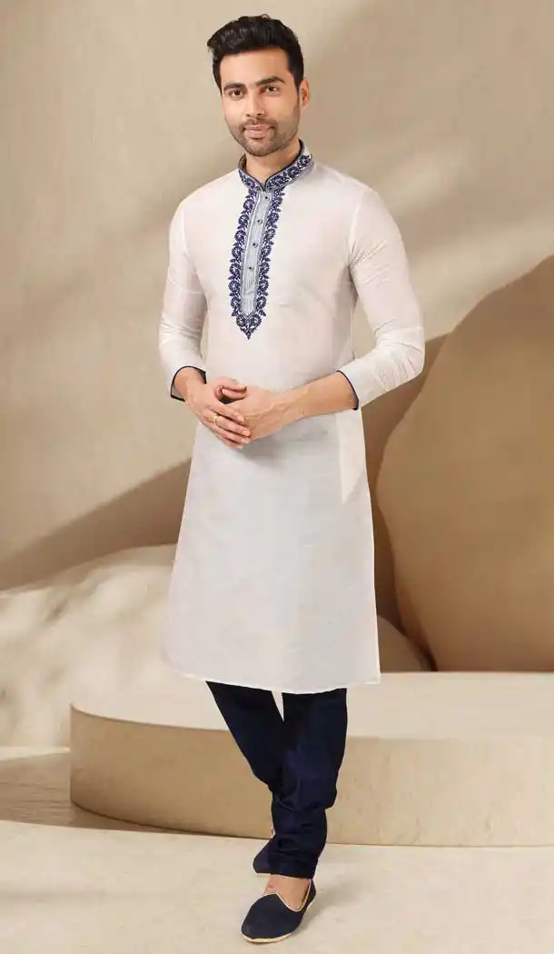 Magnificient White Color Banarasi Art Silk Readymade Mens Kurta Pajama -3567148132