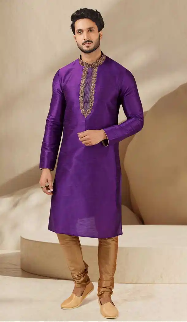 Purple Color Banarasi Art Silk Readymade Mens Kurta Pajama -3567148133