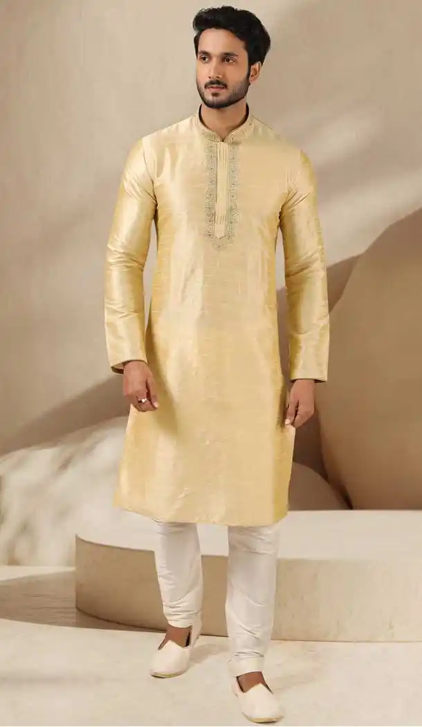 Charming Cream Color Banarasi Art Silk Readymade Mens Kurta Pajama -3567148135