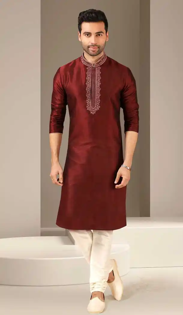 Gorgeous Maroon Color Banarasi Art Silk Readymade Mens Kurta Pajama -3567148136