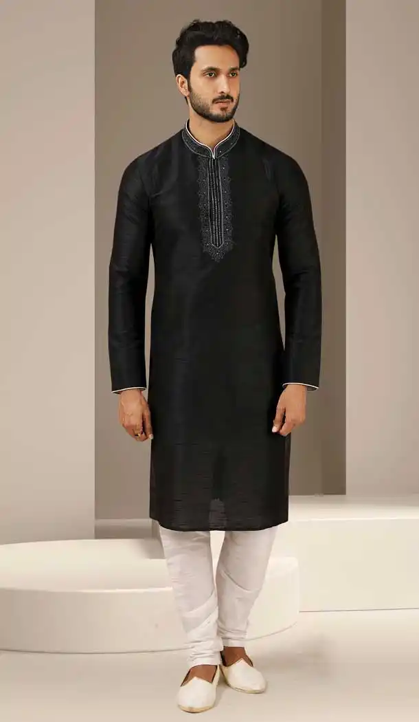 Elegant Black Color Banarasi Art Silk Readymade Mens Kurta Pajama -3567148137