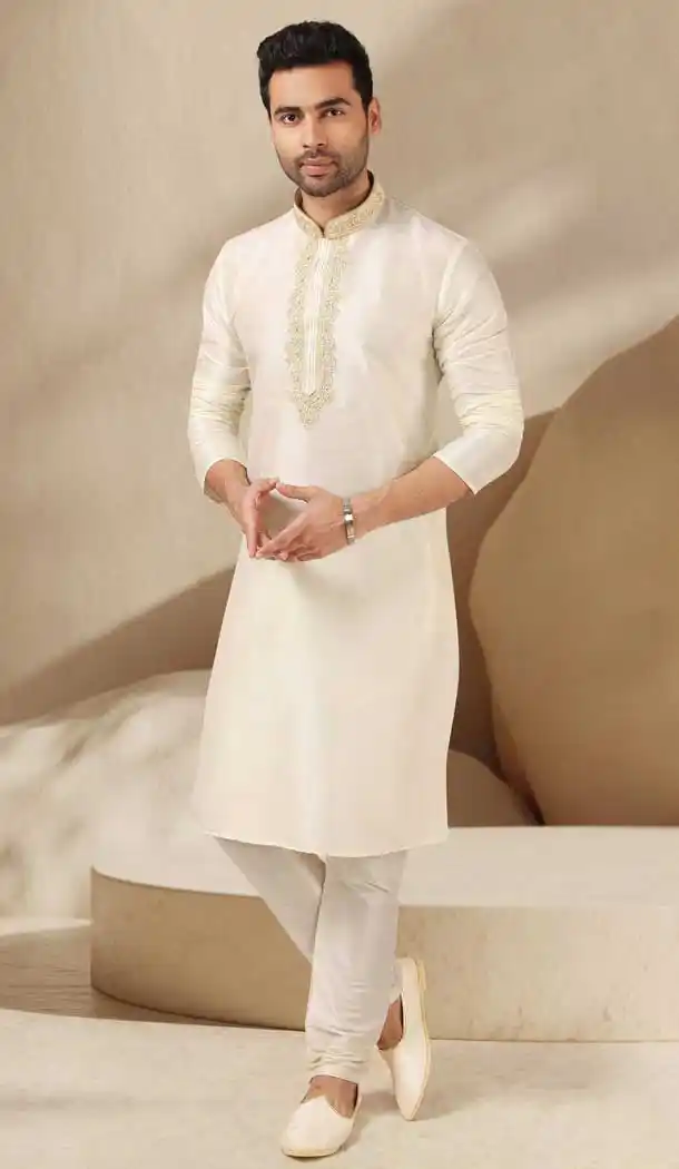 Off White Color Banarasi Art Silk Readymade Mens Kurta Pajama -3567148138