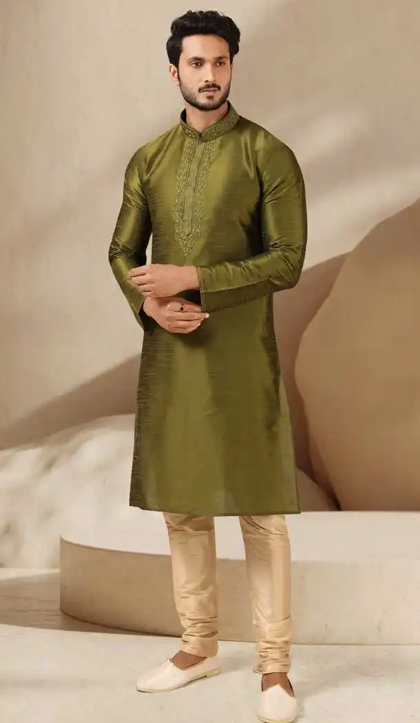 Ravishing Mehendi Green Color Banarasi Art Silk Readymade Mens Kurta Pajama -3567148139
