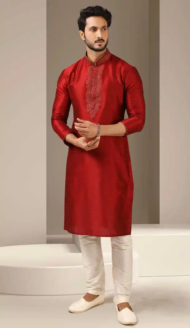 Exquisite Red Color Banarasi Art Silk Readymade Mens Kurta Pajama -3567148140