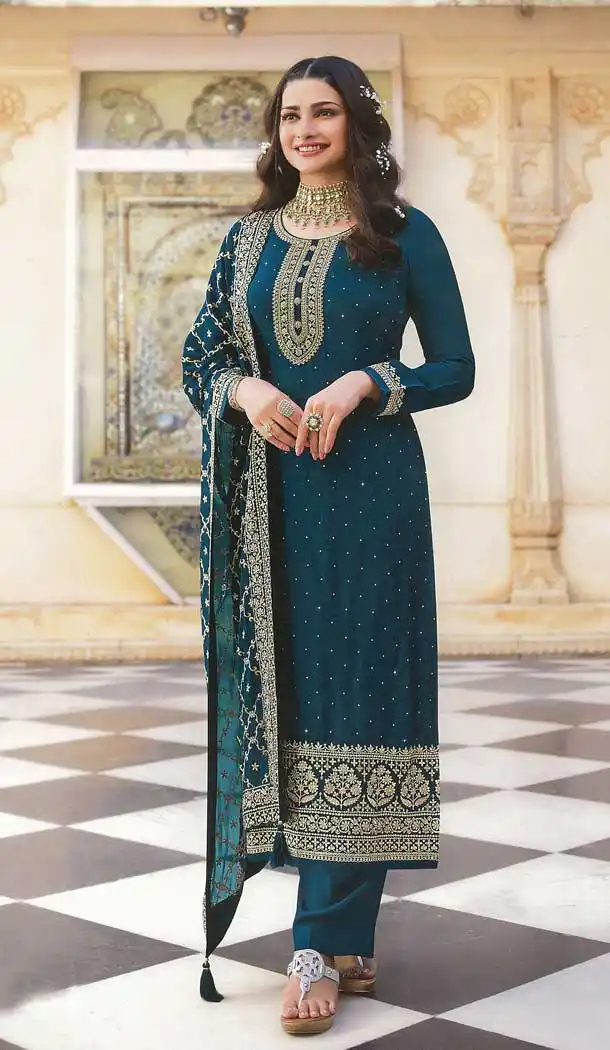 Teal Color Dola Silk Celebrty Actress Prachi Desai Salwar Kameez -3572148164