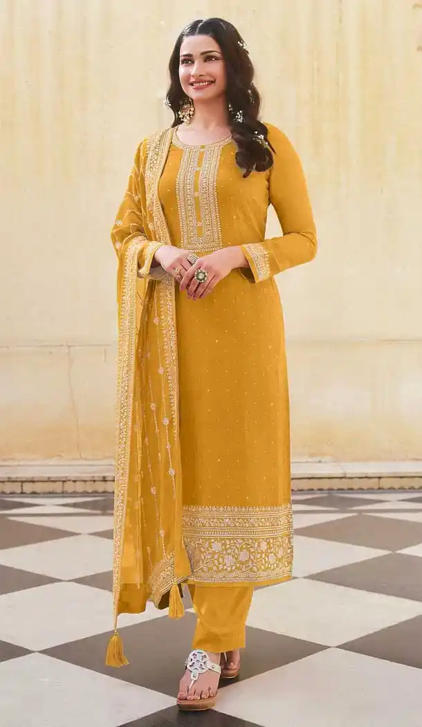 Yellow Color Dola Silk Celebrty Actress Prachi Desai Salwar Kameez -3572148165