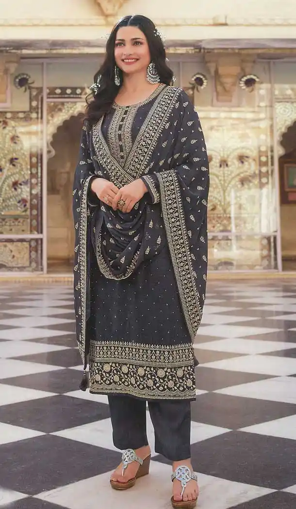 Dark Gray Color Dola Silk Celebrty Actress Prachi Desai Salwar Kameez -3572148166