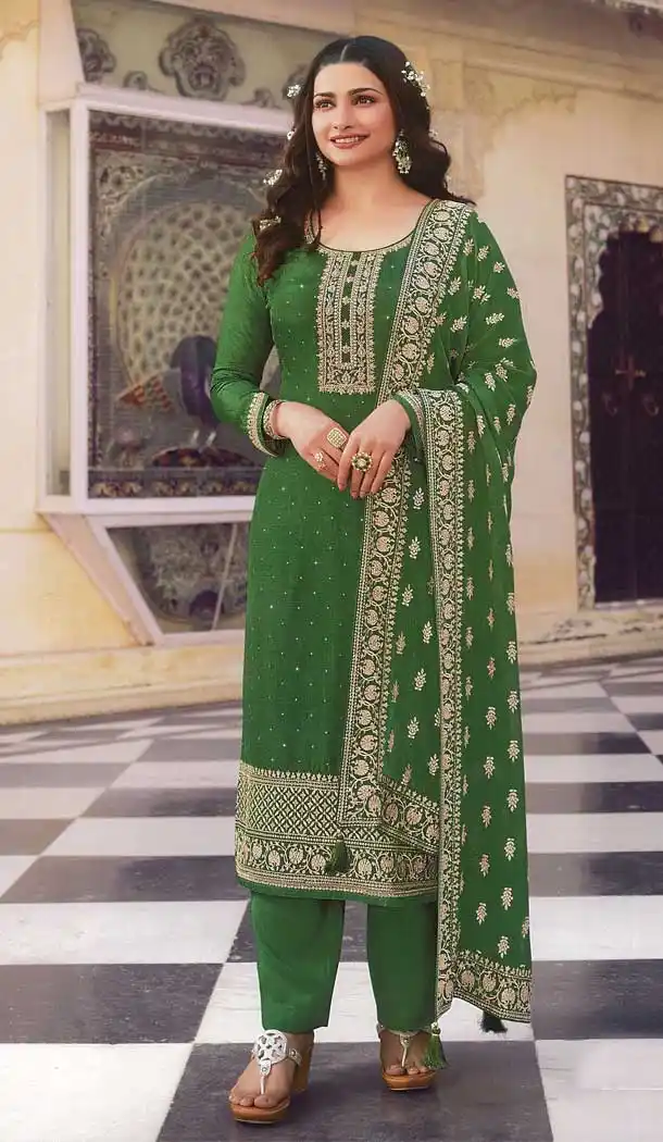 Green Color Dola Silk Celebrty Actress Prachi Desai Salwar Kameez -3572148167