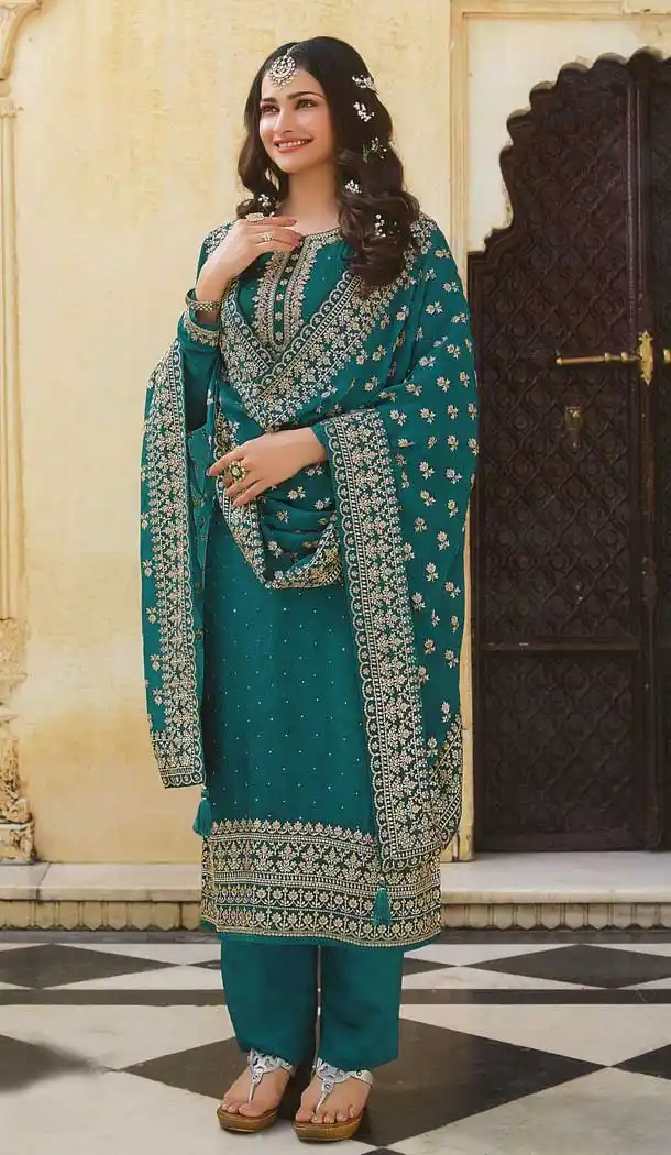 Teal Blue Color Dola Silk Celebrty Actress Prachi Desai Salwar Kameez -3572148169