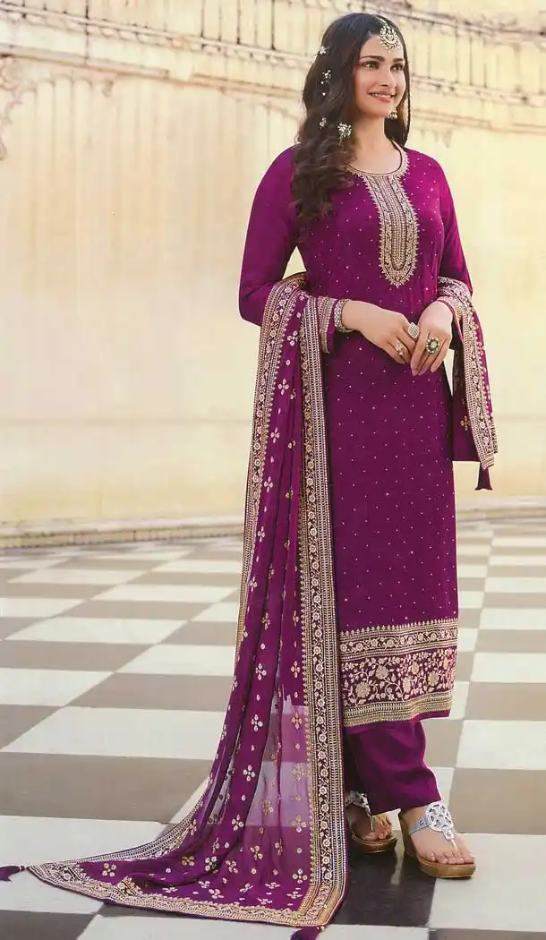 Purple Color Dola Silk Celebrty Actress Prachi Desai Salwar Kameez -3572148170